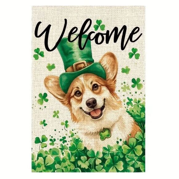 St Patricks Day Corgi Dog Garden Flag Shamrock Clover Welcome Yard Holiday Decor - Picture 1 of 5